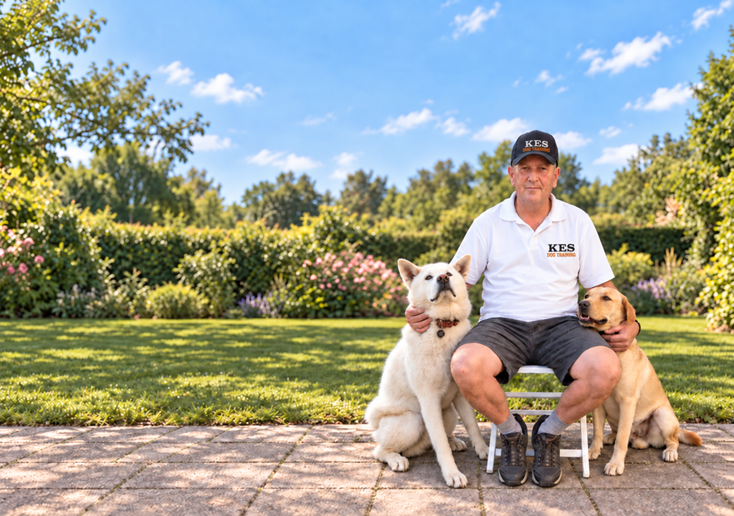 Oscar from KES Dog Training sitting in a garden with a white dog and a golden Labrador