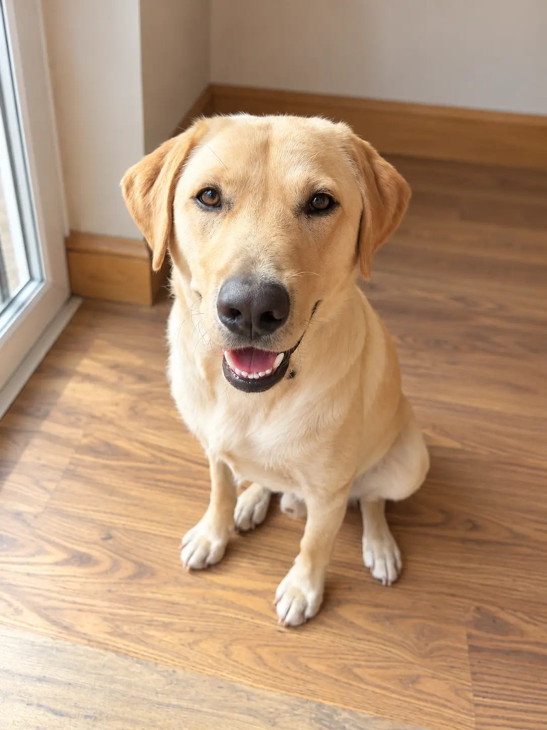 Yellow Labrador therapy dog sitting indoors