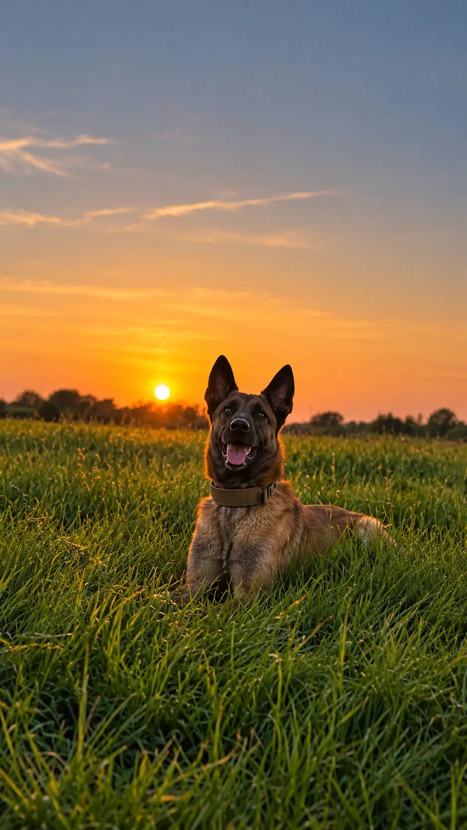 German Shepherd lying in a field at sunset